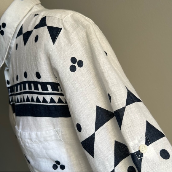 J Crew Linen Size 10 Shirt Blouse Navy Blue White Rollup Sleeves - Picture 7 of 16